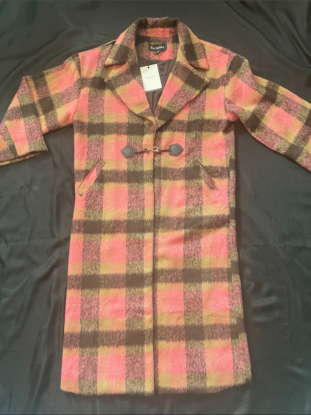 En Saison Pink & Brown Plaid Pea Coat